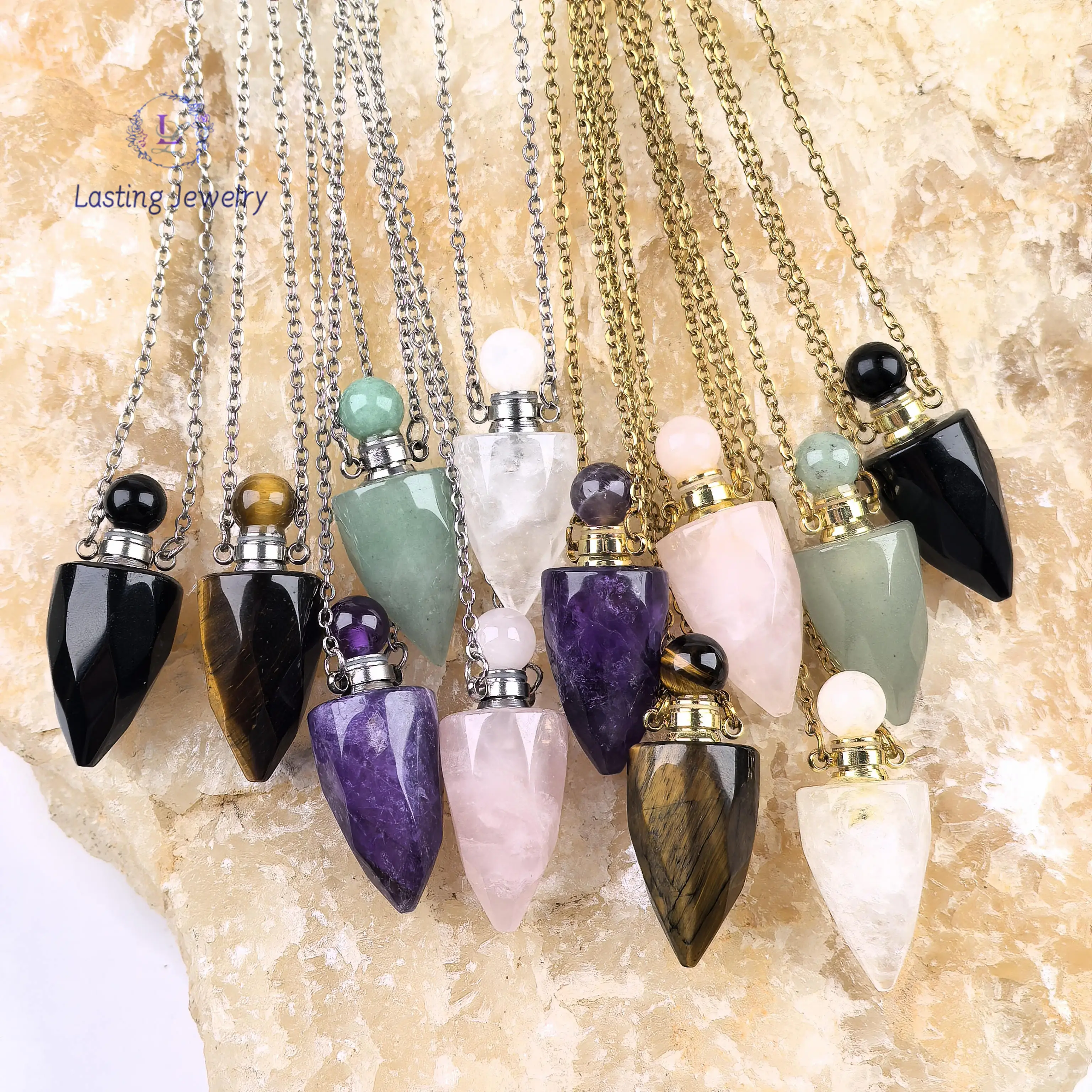 

Natural Amethyst Rose Quartz Essential Oil Vial Pendants Carved Faceted Gemstone Perfume Bottle Necklace Jewelry for Women Men