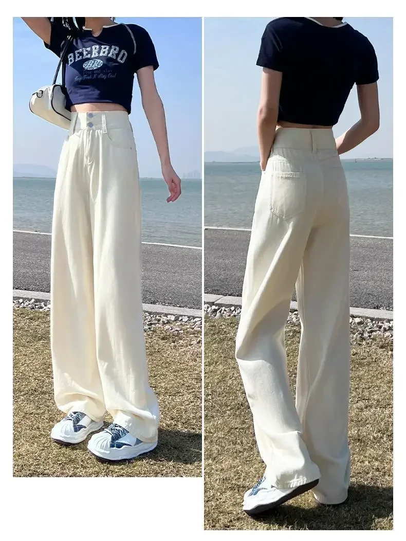 Damskie koreańskie jeansy z wysokim stanem, wiosenne nowe modne vintage Harajuku luźne jeansy białe spodnie czarne spodnie Y2k streetwear