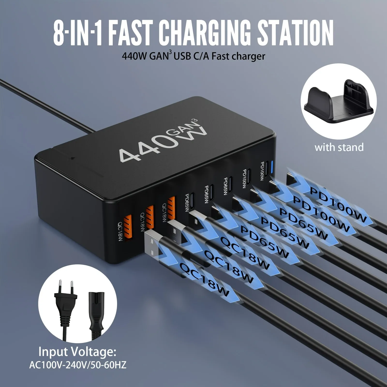

440W USB C Charger Station 8-Port high powe Fast Charging Block for Cellphones 3A5C Quick Charger for Laptop/iPad/iPhone