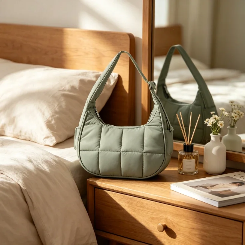 Water-Resistant Quilted Hobo Shoulder Bag, Large Capacity Sage Green Nylon Puffer Tote, Lightweight Underarm Bag for Work, Travel & Gym