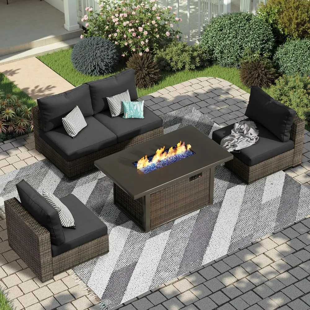 

Черный секционный диван для патио на открытом воздухе со столом для костра и подушками