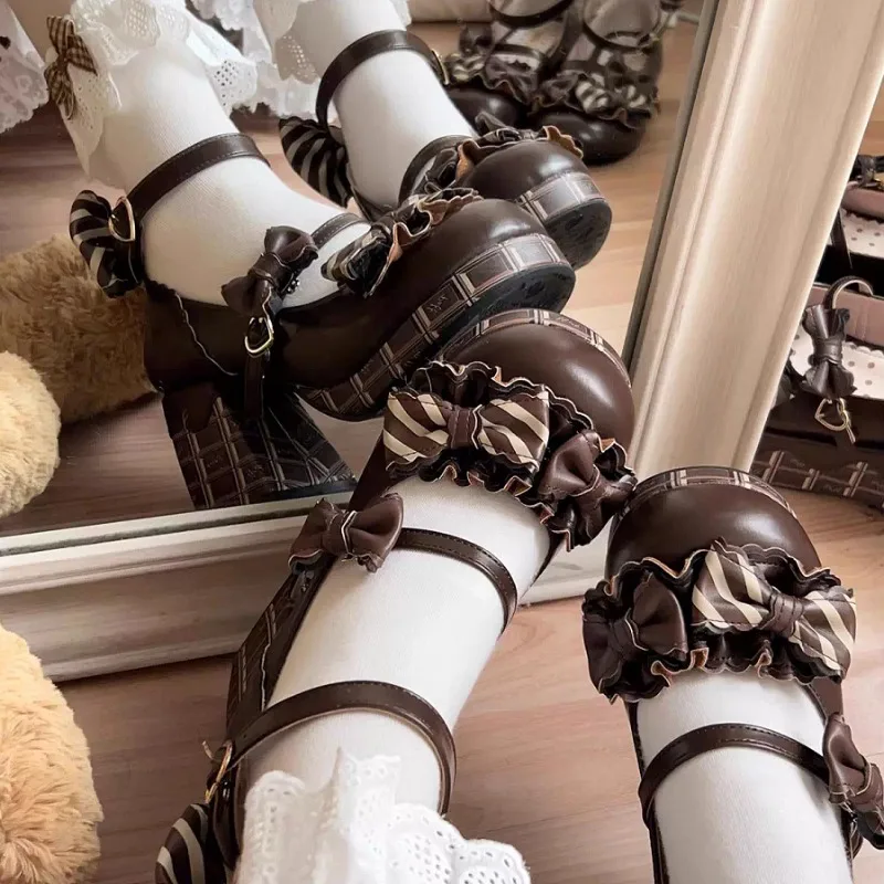 

Японские туфли на высоком каблуке в стиле лолита, милые, с круглым носком, ванильно-шоколадные, с бантом, кожаные, для девочек, новинка 2026 года