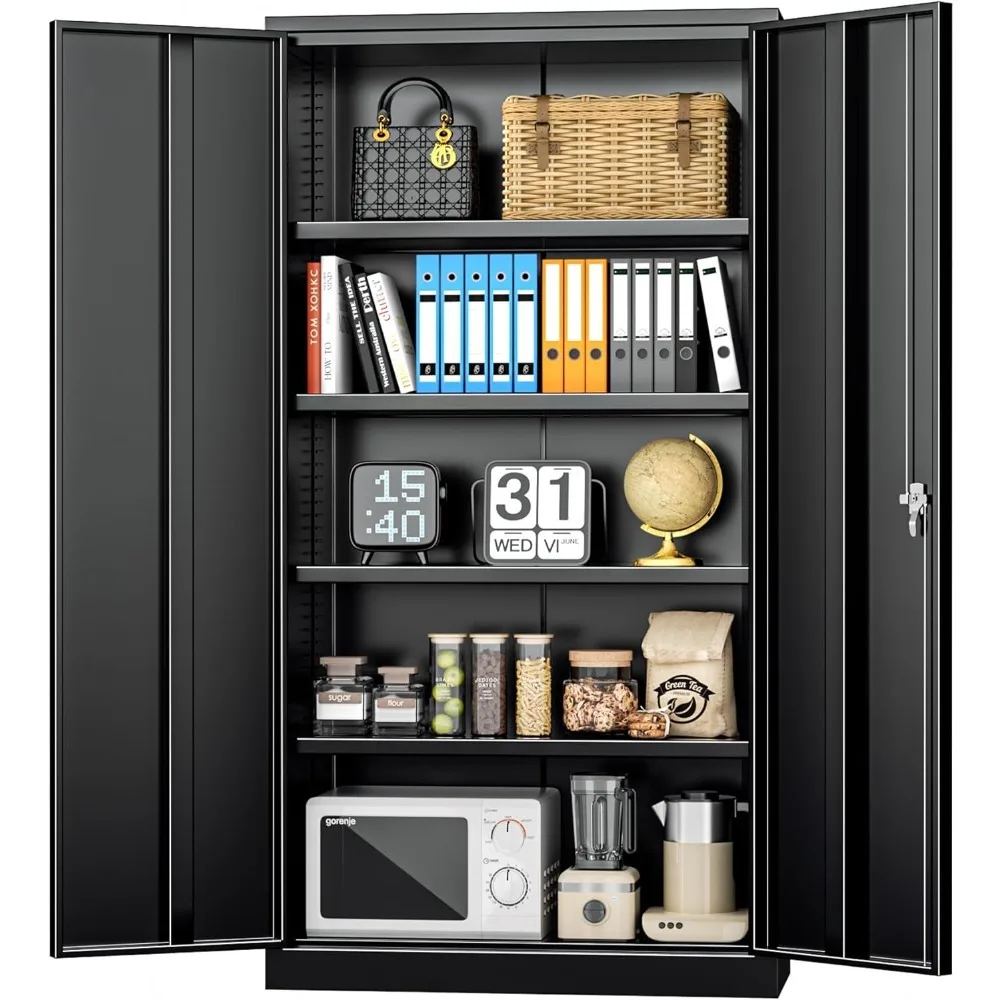 Metal Storage Cabinets 72” Black Garage Steel Storage Cabinet with Doors and Shelves, Metal Tool Cabinet, Steel File Cabinet