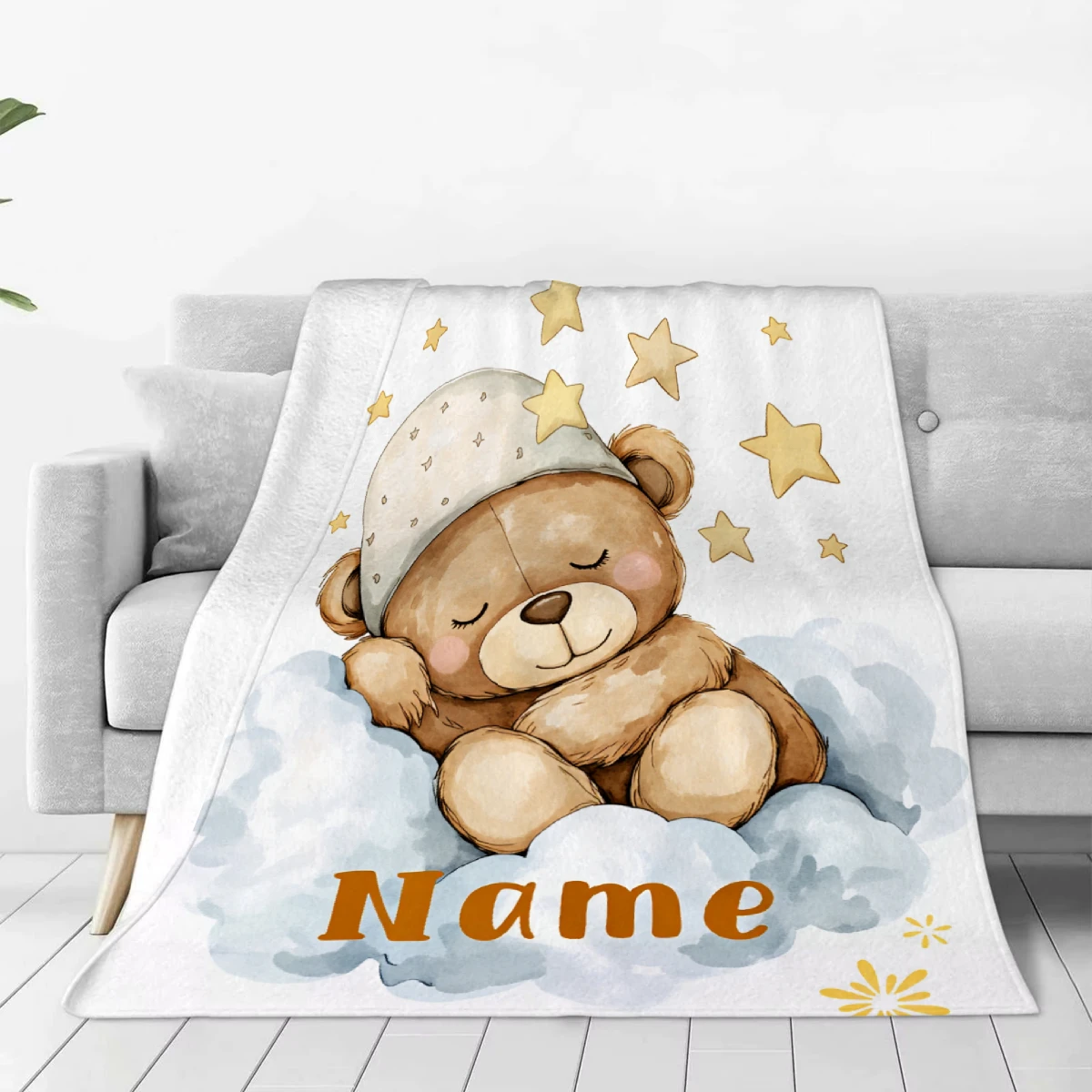 Sleeping Teddy Bear Blanket With Name Customized Flannel Blanket For Kids Boys Girls Soft Birthdays Gift Home Bed Sofa Decor