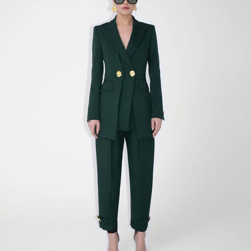 

Темно-зеленый костюм из двух предметов, новый дизайн, осенний наряд для женщин, стильный острый лацкан, облегающий роскошный женский комплект, офисная одежда