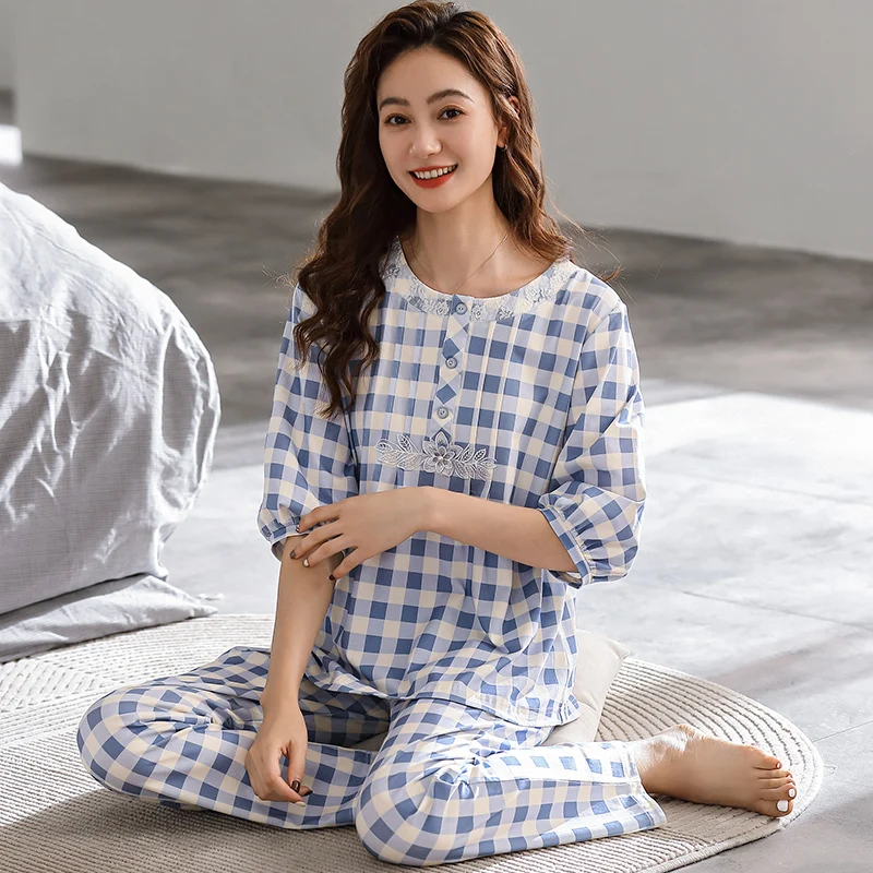 

Женская ночная рубашка в клетку, мягкая модальная хлопковая домашняя одежда, пижамные комплекты большого размера M-3XL, женские летние пижамы с рукавами три четверти Mujer