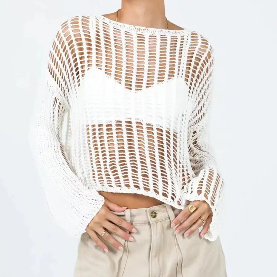 European Long-sleeved Hollow-knit Mesh Shirt Women's Summer Thin Sunscreen Blouse Cross-border 2026 Early Spring New Top