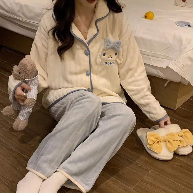 Sanrio Cinnamoroll Pajamas Woman Autumn Winter Flannel Keep Warm Japanese Anime Cartoon Kawaii Girly Heart Loungewear Set Gift