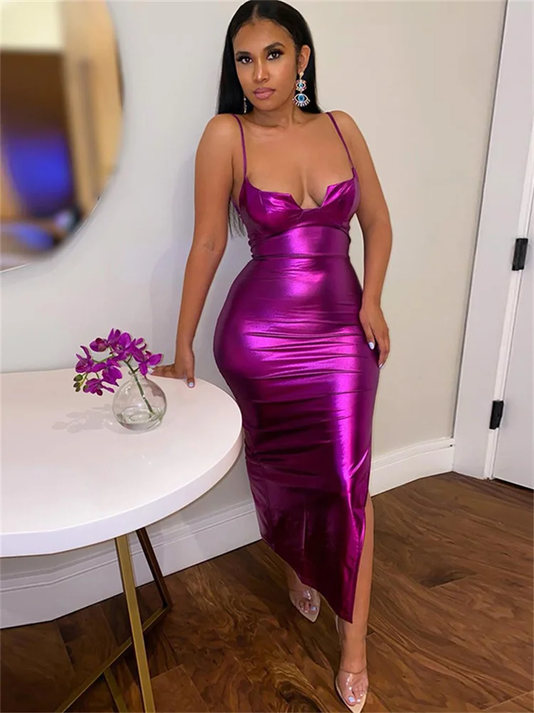 Bizarre chat néon violet discothèque robe d'été femmes dos nu robe sans manches maigre côté fendu Sexy fête vacances tenues extensibles