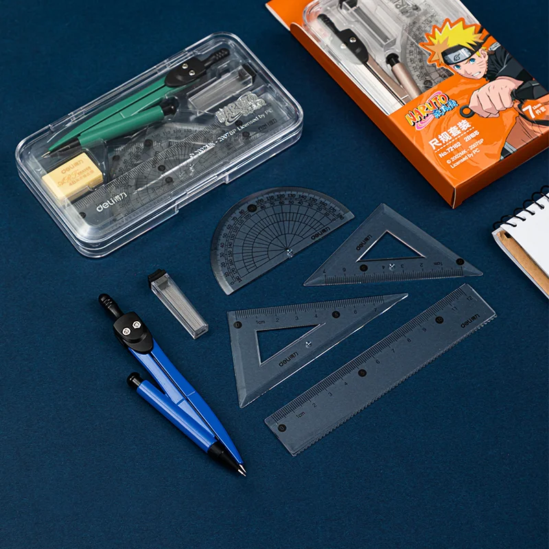 7Pcs/Set Deli 72162 3 Colors Naruto Ruler Suit Compass Rubber Protractor Supplies School Office Stationery Set