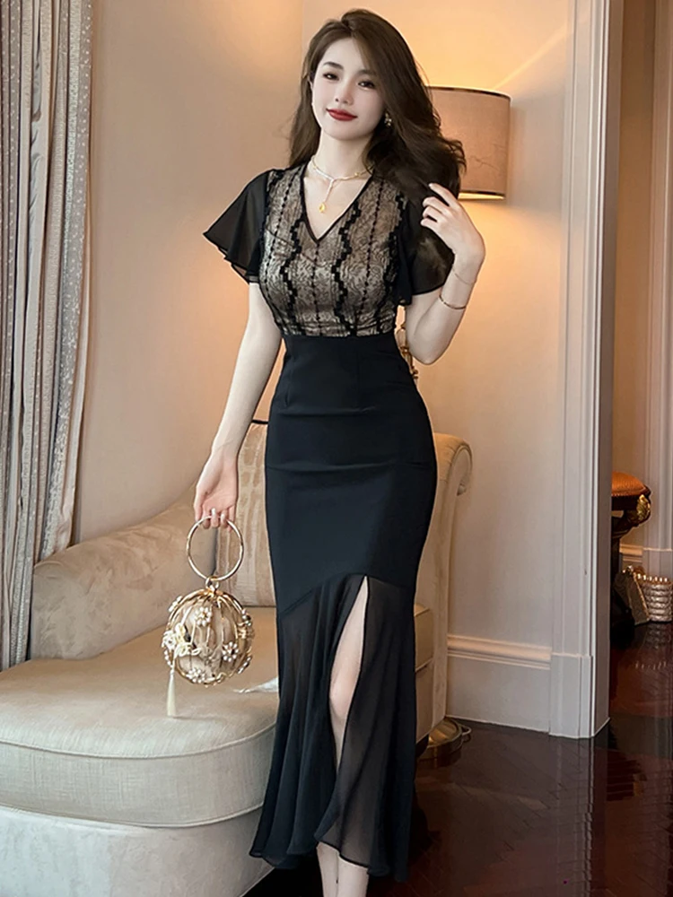 Elegant Style Maxi Dress for Women Black Chiffon Lace Panel Sheer Ruffle Sleeve Slit Fishtail Robe Femme Evening Party Vestidos