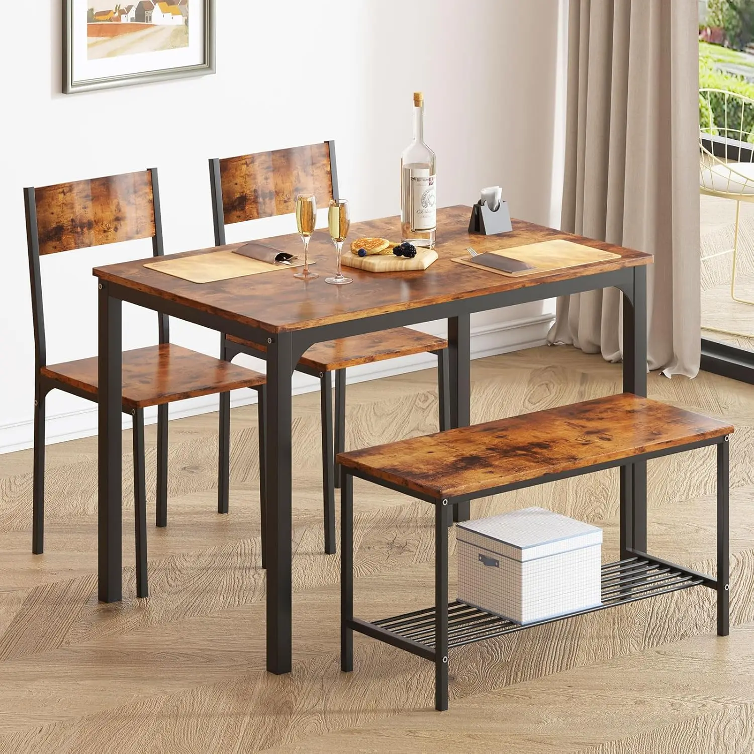 43.3inch Kitchen Table Set for 4, Dining Room 2 Chairs with Backrest, 2-Person Bench with Storage Rack, Vintage Brown