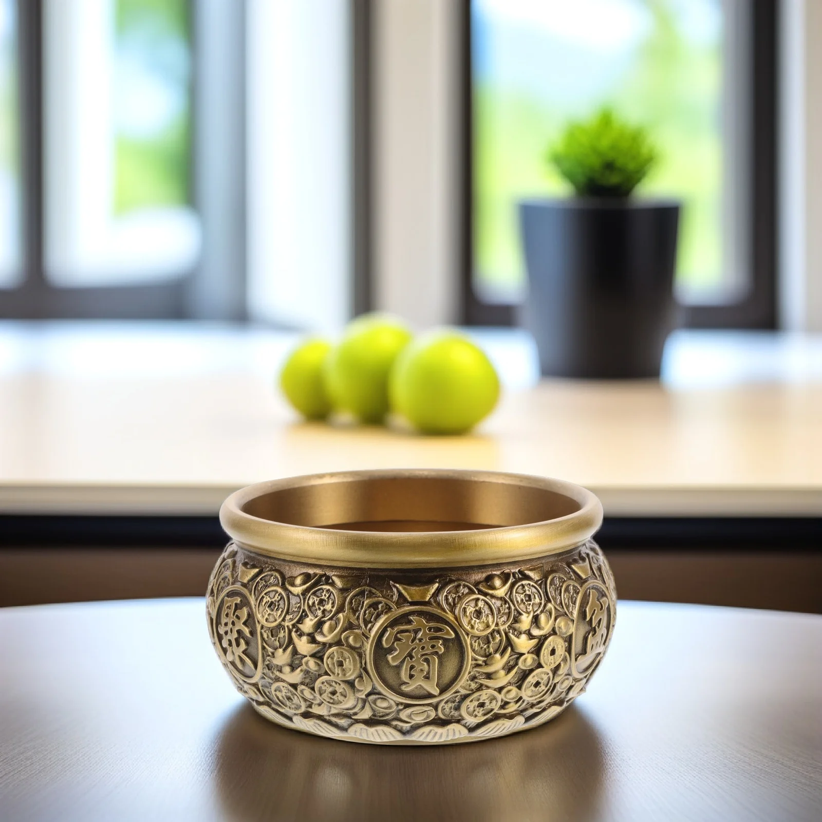 Vintage Brass Treasure Bowl Feng Shui Decor Wealth Prosperity Money Holder Ornament for Home Office Positive Energy Table Accent - Detail 1