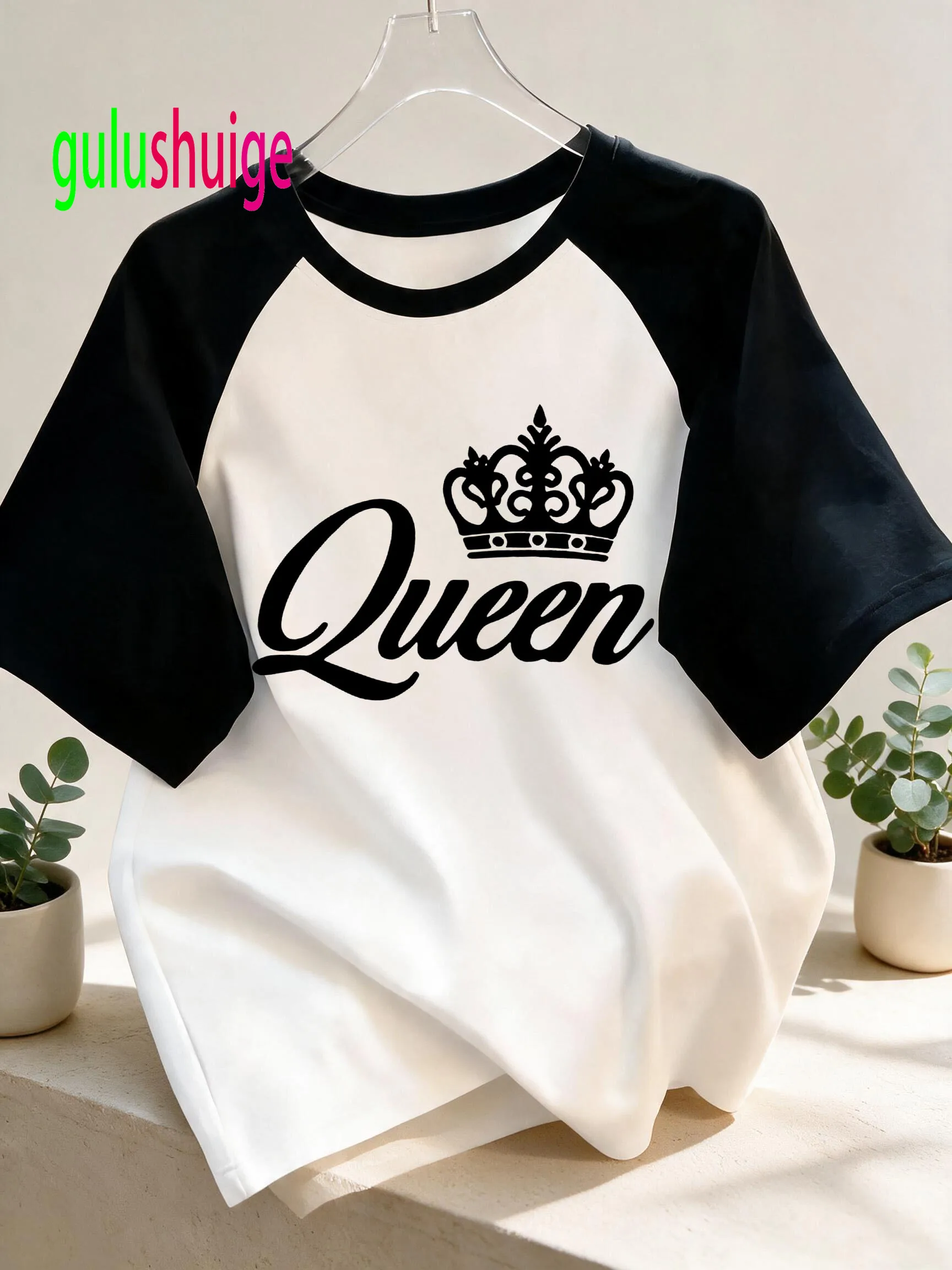 Crown Letter Print Crew Neck T-Shirt Women's Casual Raglan Short Sleeve T Shirt Graphic Gothic Tees Tops T Shirt 90s Y2k Clothes