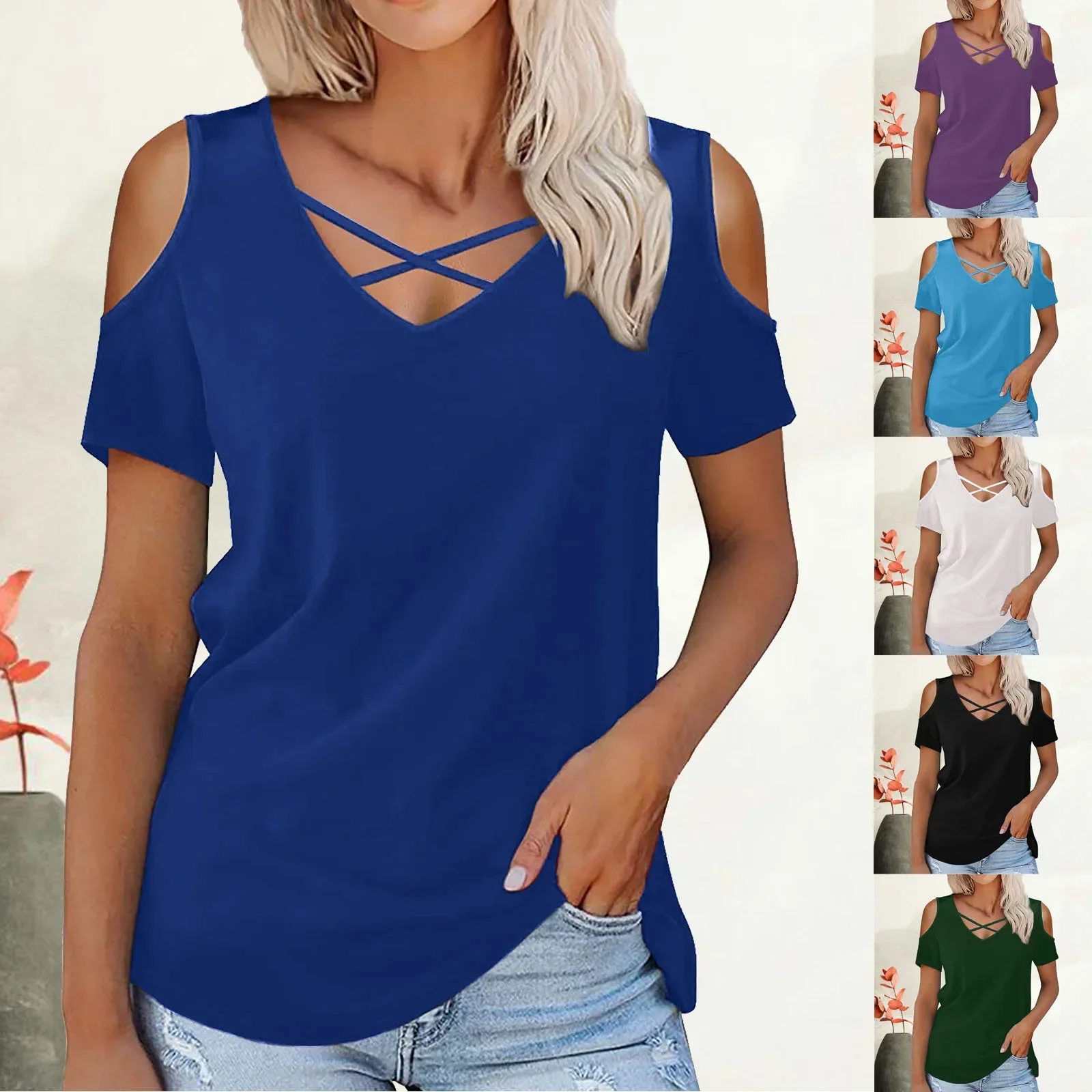 

2023 New Style Amazon Wish Solid color Women's Clothing Crossbody V-Neck Short Sleeves Loose Fit T-Shirt From China Mainland