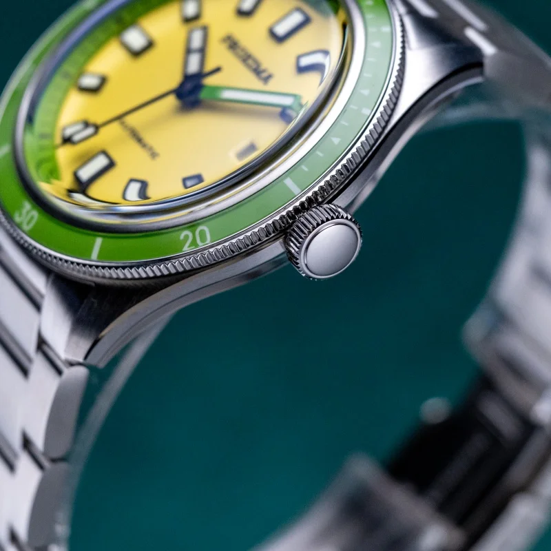 ステンレス製のメンズ機械式腕時計,自動巻き時計,発光,サファイア,セラミックベゼル,白いエナメルダイヤル,防水,BGW-9, 39mm, 20atm