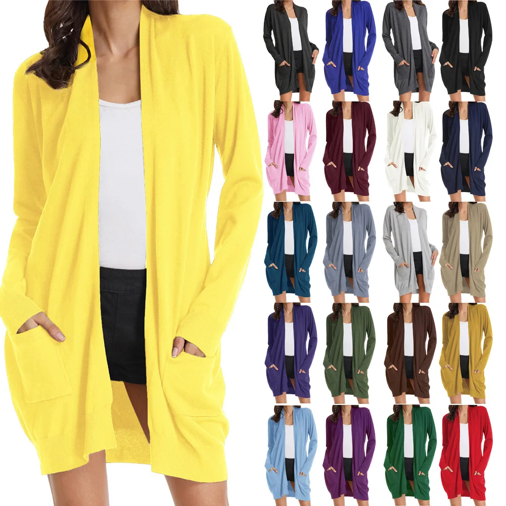 GK Women Jackets Coats Mid-Thigh Knitwear Cardigan Sweater With Pockets Long Sleeve Open Front High Stretch Soft Knitting Coat