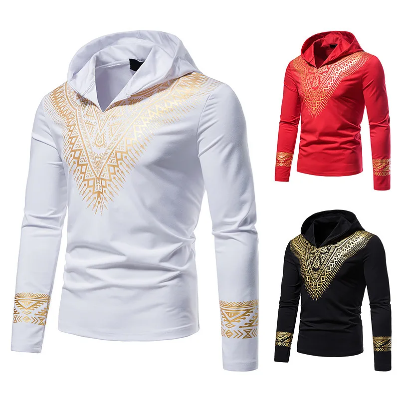 

New Men's Long Sleeved T-shirt with Hollowed Out Ethnic Style Hot Stamping Hooded Long Sleeved T-shirt for Foreign Trade