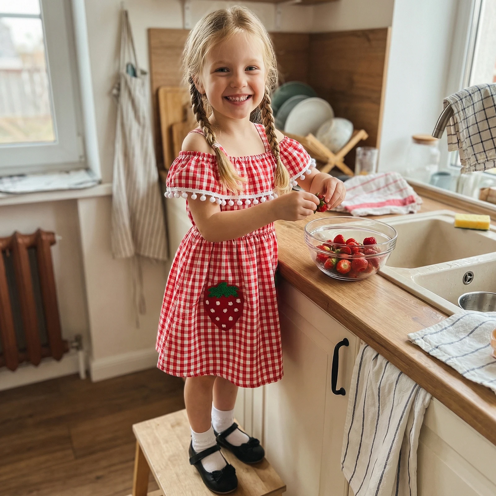 Girl’s Slip Dress Sleeveless Plaid Dress Embroidery Strawberry Summer A-line Dress Streetwear