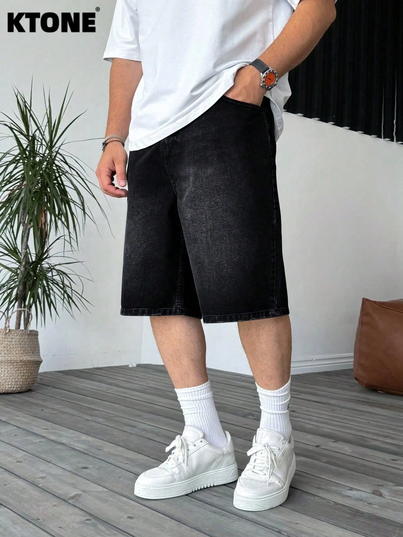 

Men trendy black non stretch denim jorts loose casual solid color daily all match shorts