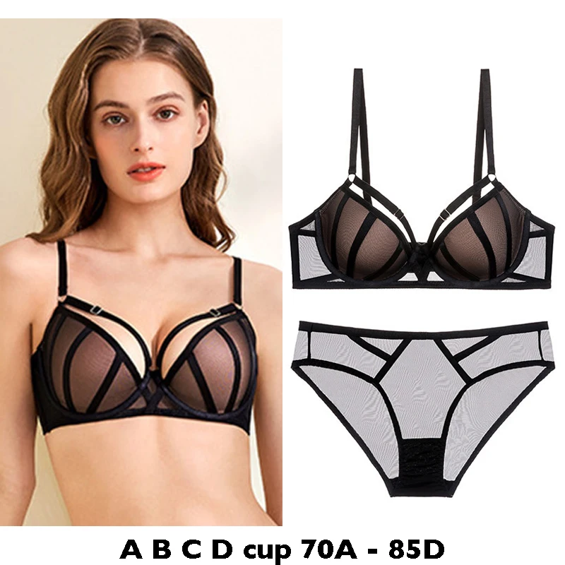 high quality sexy women bras and brief set push up mesh A B C D cup comfortable wire summer lingerie underwear black white