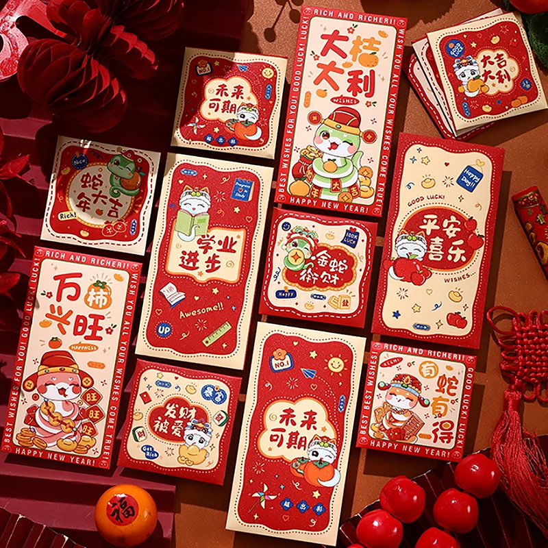 6pcs 2025 Cute Cartoon Snake Year Red Envelope Lunar Year Red Pocket Envelope Spring Festival Fortune Red Envelope Hongbao