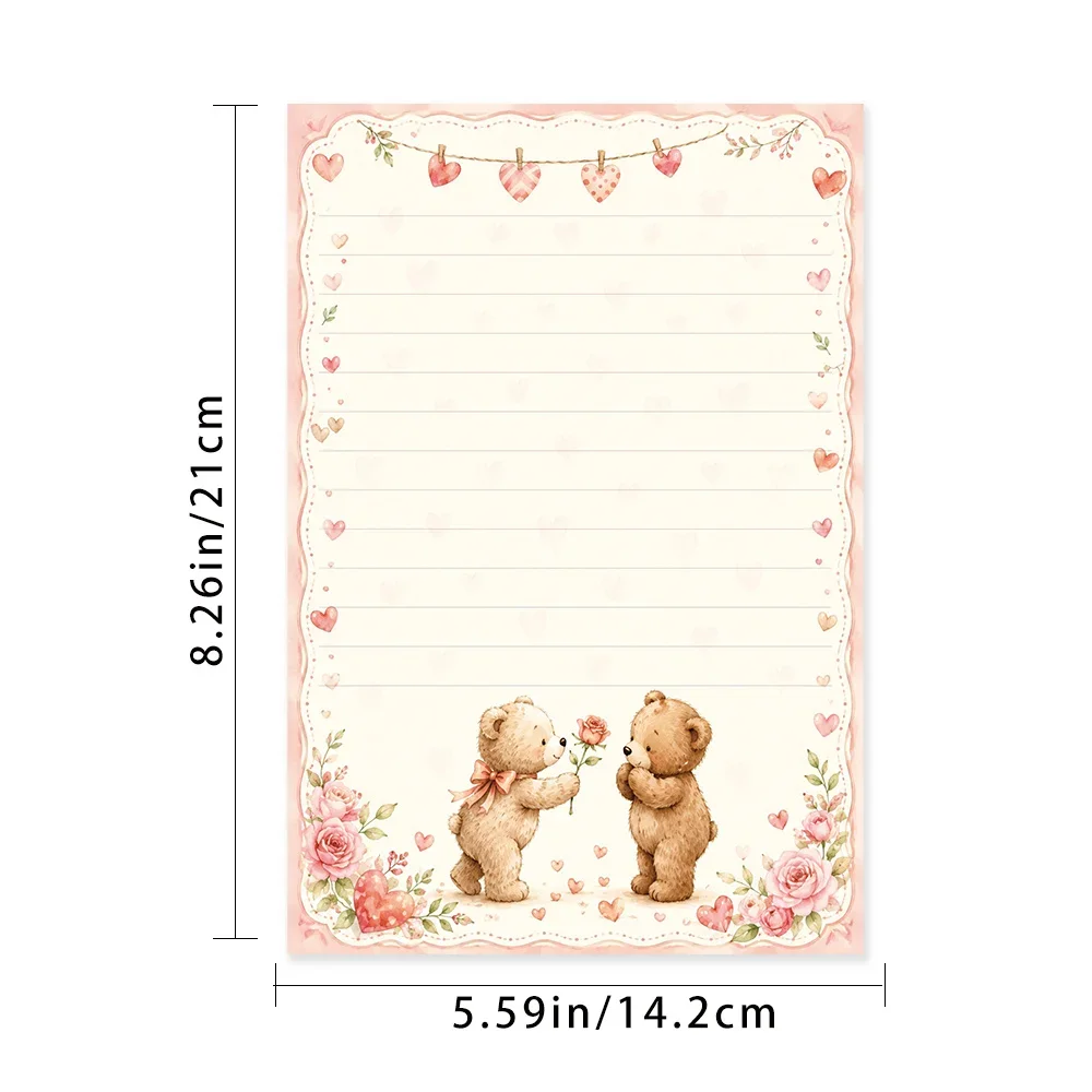 50 Sheets, Pink Couple Teddy Bear Rose-themed Writing Paper, Lined, Glue-free, Perfect For Notebooks, Memos, And Stickers