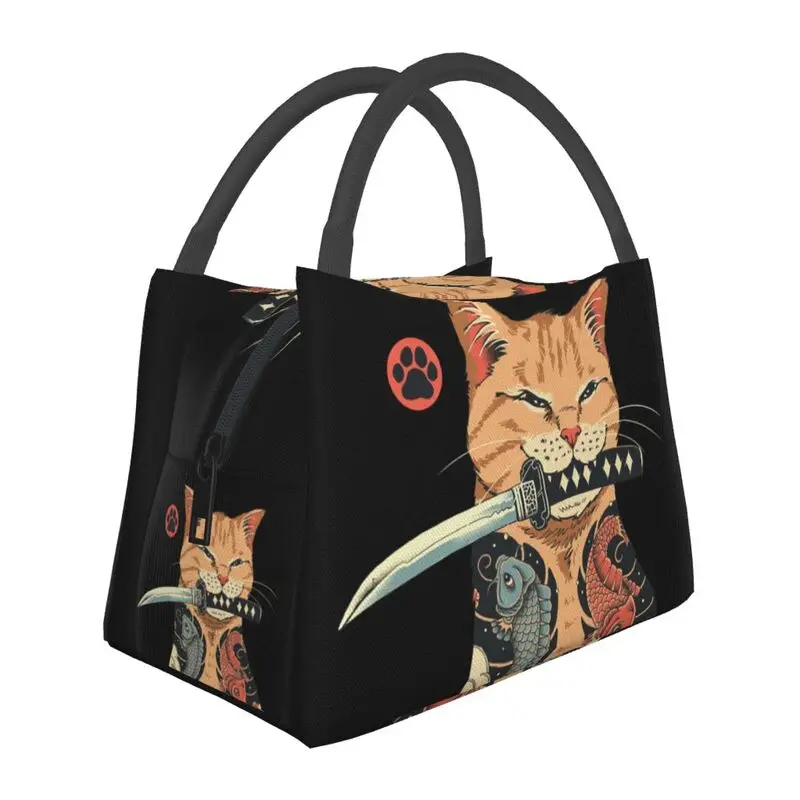 Catana Adult Mouth Face Retro Japanese Cat Samurai Insulated Lunch Bags for Camping Travel Cooler Thermal Bento Box Women