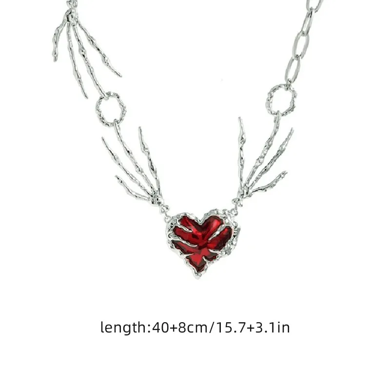 Gothic Ghost Claw Red Heart Necklace Irregular Dark Love Chain Necklaces Unisex Punk Harajuku Goth Big Heart Pendant Necklace image 6
