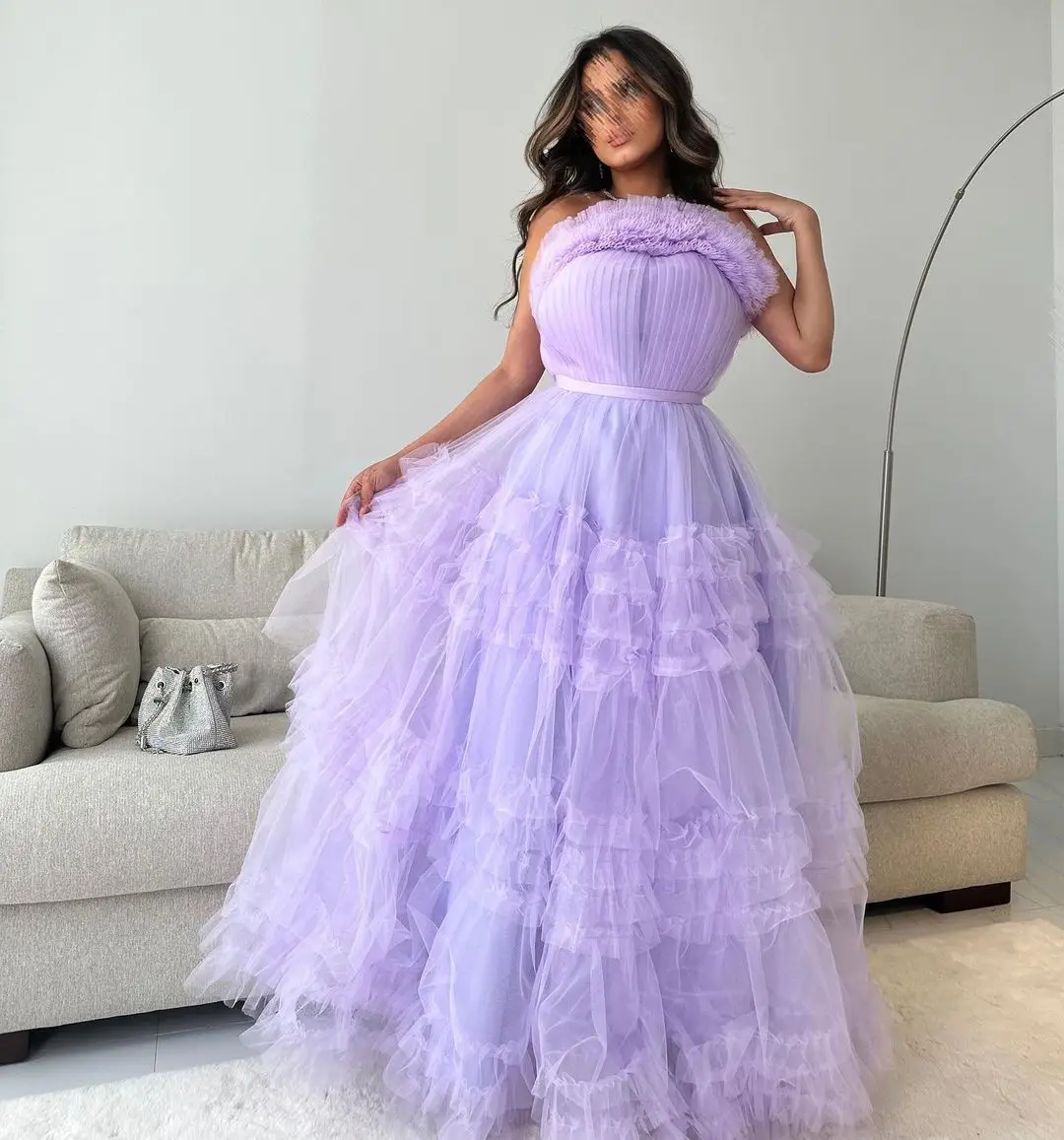 

Romantic Strapless Evening Dresses For Prom A-Line Tiered Sleeveless Formal Dresses Evening Dress vestidos de graduación