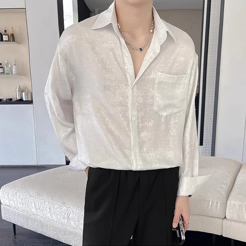 

Sexy Silk Satin Shirts for Men Long Sleeved Shiny Smooth Solid Loose Men's Dress Shirt Autumn Spring Club Prom Mens Clothing