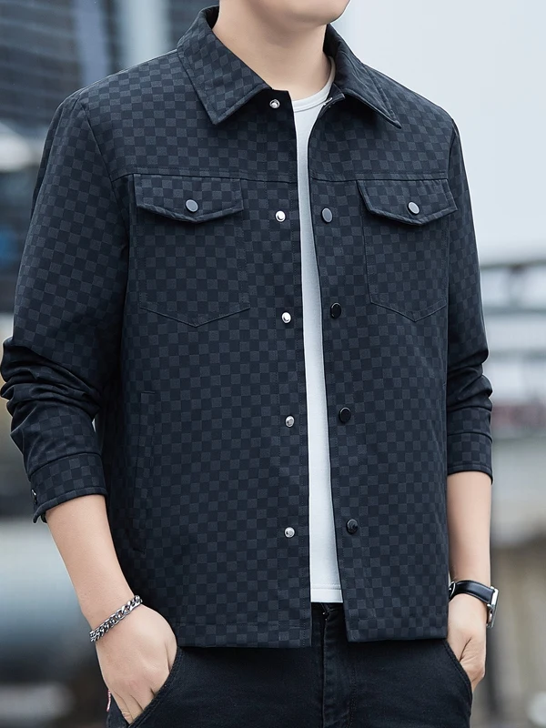

Men's Loose Vintage Plaid Jaet Spring Autumn Turn-down Collar Faionable Urban Sle Workwear Coat with Multiple kets