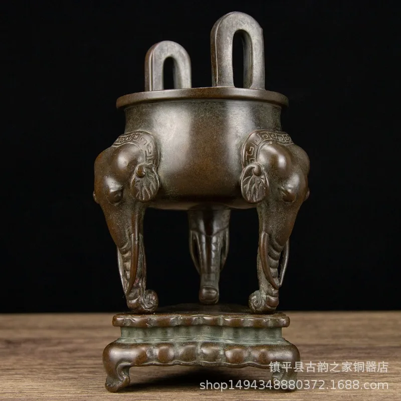 Pure Copper Peaceful Elephant Figurine Three-Legged Punching Ear Incense Burner Office Decoration