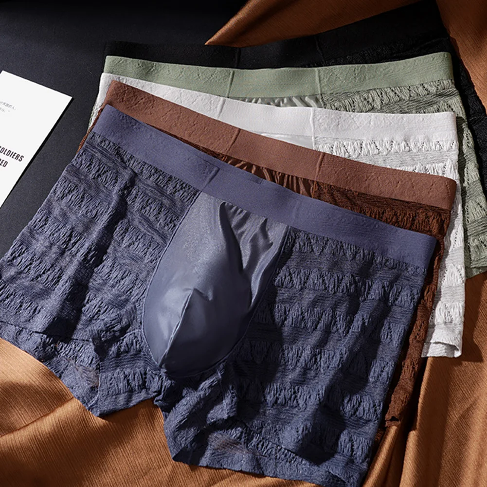 

Men's Breathable Sheer Mesh Boxer Shorts Underwear Wrinkle Jacquard Pattern Mid Waist Trunks Style Comfort Fit