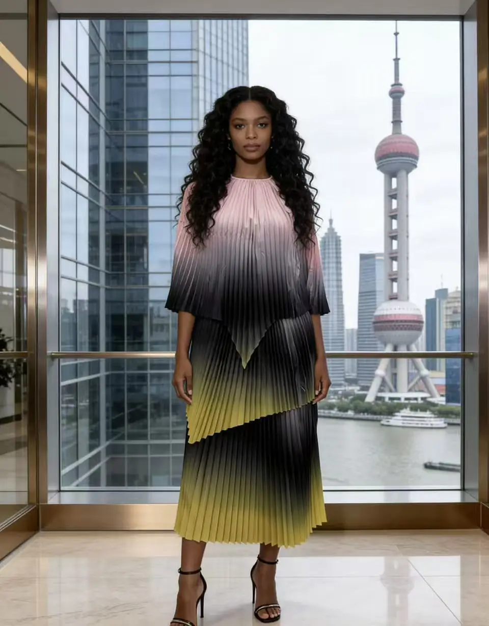 

Miyake irregular fashion suit clearance processing, pleated temperament dress two-piece set special offer