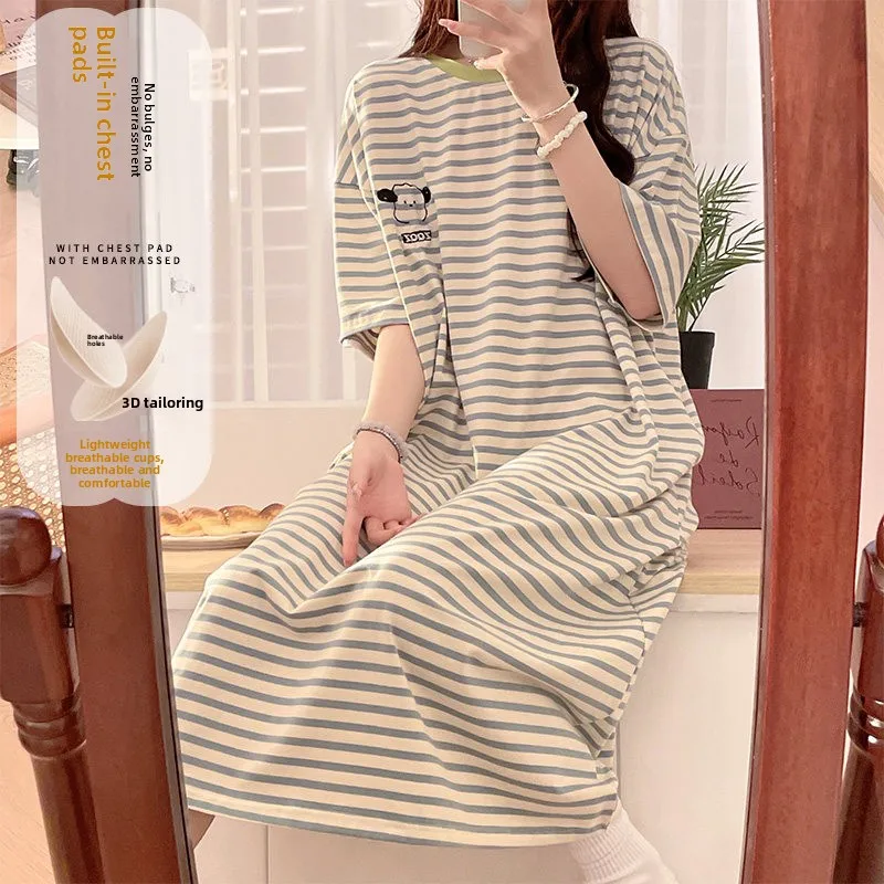 

plus Size Cotton Pajamas Women's Summer Sleepwear with Chest Pad Cartoon Striped Loose Fit Home Clothes Soft round Neck Short...