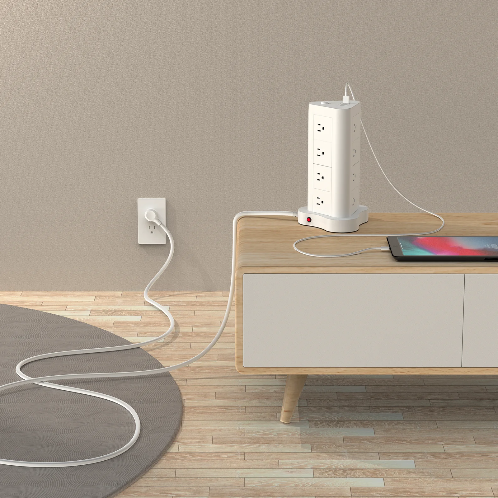 5ft مسطحة على شكل برج 45 ° قم بتوصيل بمنفذ USB/USB-C، وشريط طاقة مكون من 12 مقبس تيار متردد، وشريط طاقة للحماية من زيادة التيار مع 2 USB و1 US #5