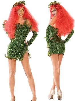 Frauen grünes Gift Efeu Halloween Cosplay Kostüm Party Deluxe ärmellose gefälschte Blätter träger loses Pailletten Mini kleid mit Handschuhen gesetzt