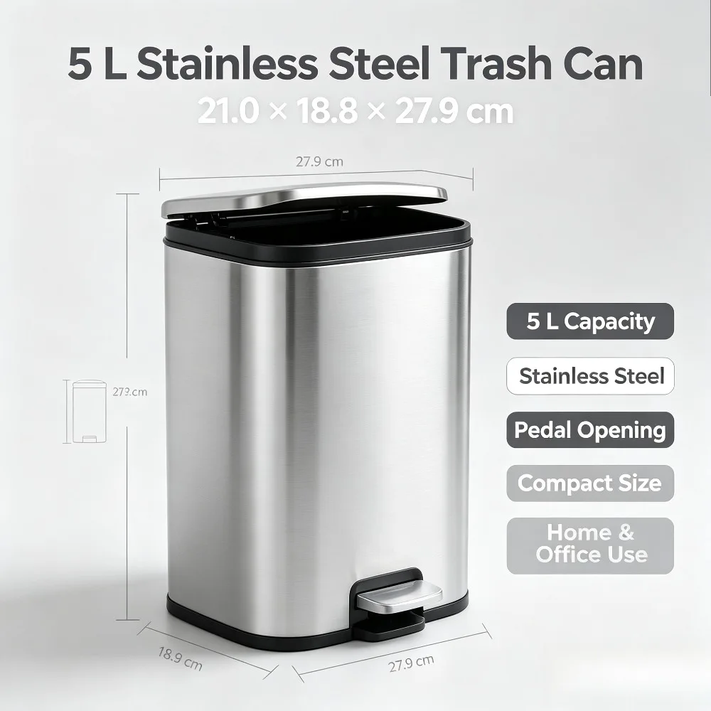 5L Stainless Steel Step Trash Can With Lid And Inner Bucket Silent Close Narrow Bin for Home Kitchen Bathroom Bedroom Kitchen