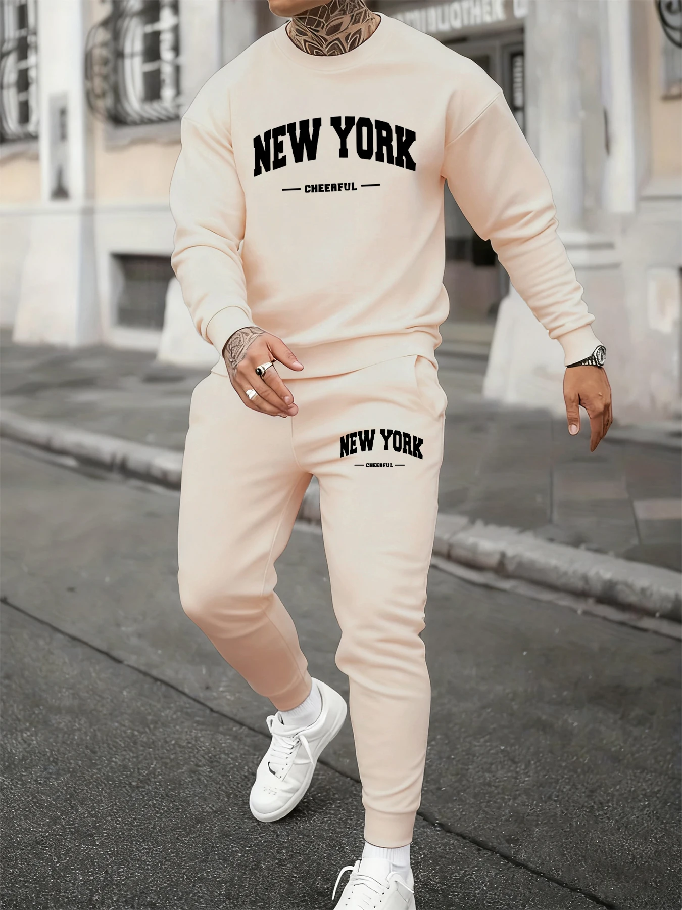 

New York Cheerful Printing Mans Autumn Sweatshirt Set Sporty Soft Two Pieces Sets O-Neck Long-Length Streetwear Street Pants