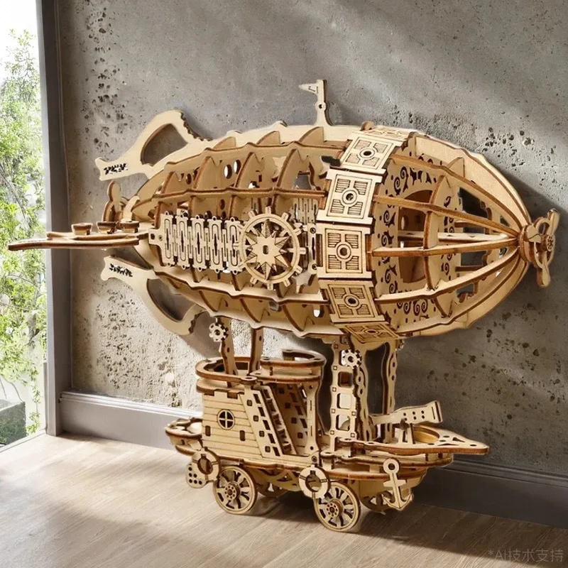 3D Wooden Airship Puzzle Mechanical Transmission Simulation Three-dimensional Model Hand-assembled Creative Toy