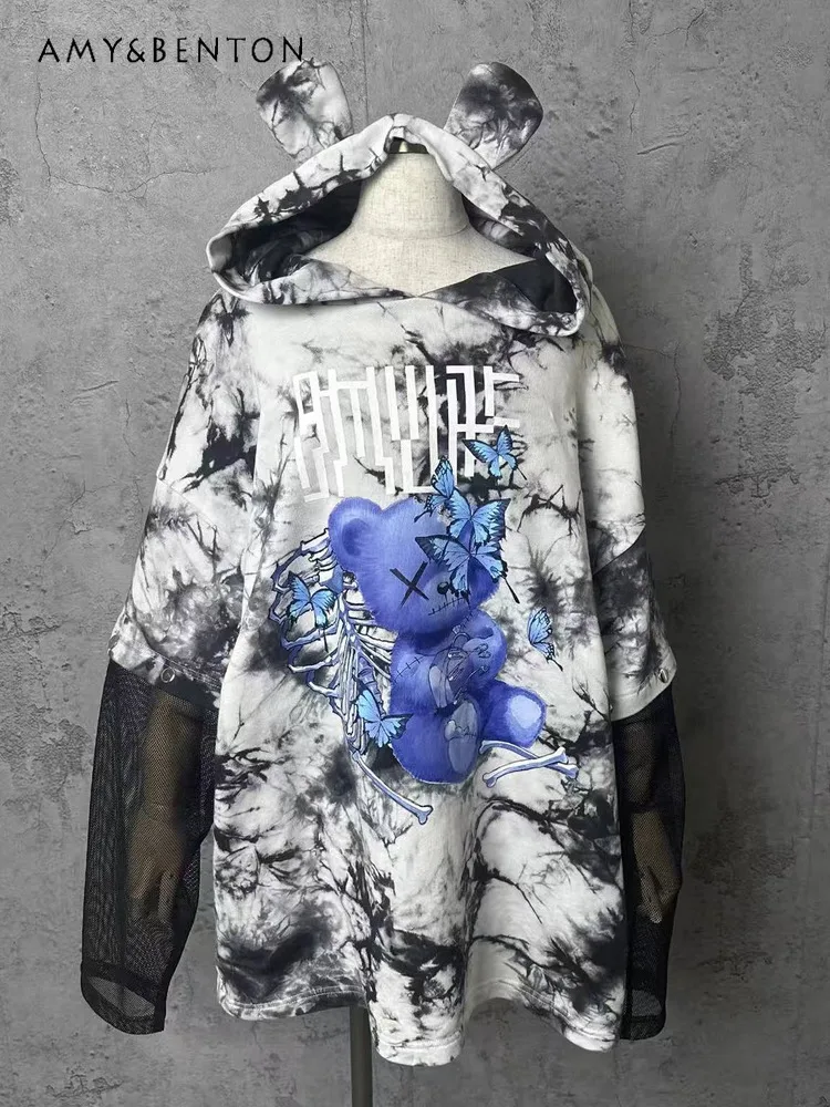 

Осенние толстовки в стиле Харадзюку с субкультурой и бабочкой с мультяшным принтом, японская готическая толстовка с медвежьими ушками, большая толстовка с капюшоном и принтом тай-дай