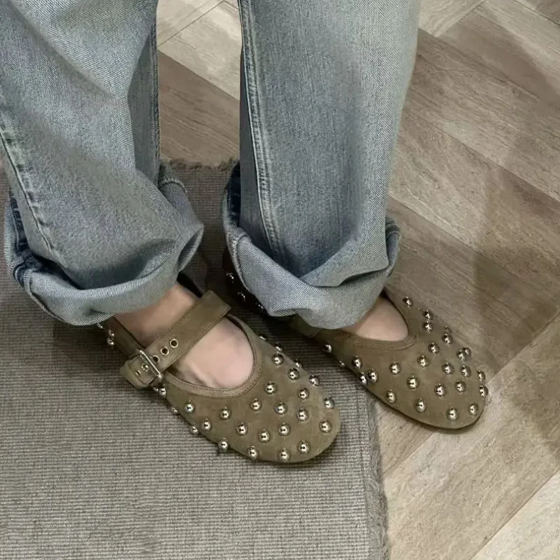 Women's Chic Faux Suede Studded Flat Mary Jane Shoes Round Toe Buckle Strap Casual Daily Walking Footwear 2026