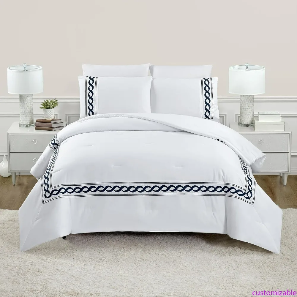 طقم لحاف فاخر من الساتين القطني المطرز مكون من 3 قطع قابل للعكس - مقاس كامل/الملكة، أبيض #1