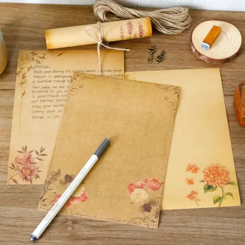 8 pezzi Set Vintage Flower Design Kraft Brown Letter Paper Letterhead Writing Pad disegno schizzo cancelleria materiale scolastico