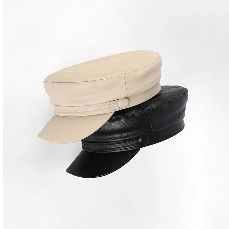 Cool unisex pu leather hat autumn sailor hat for women men cap black female travel student hat captain army flat top