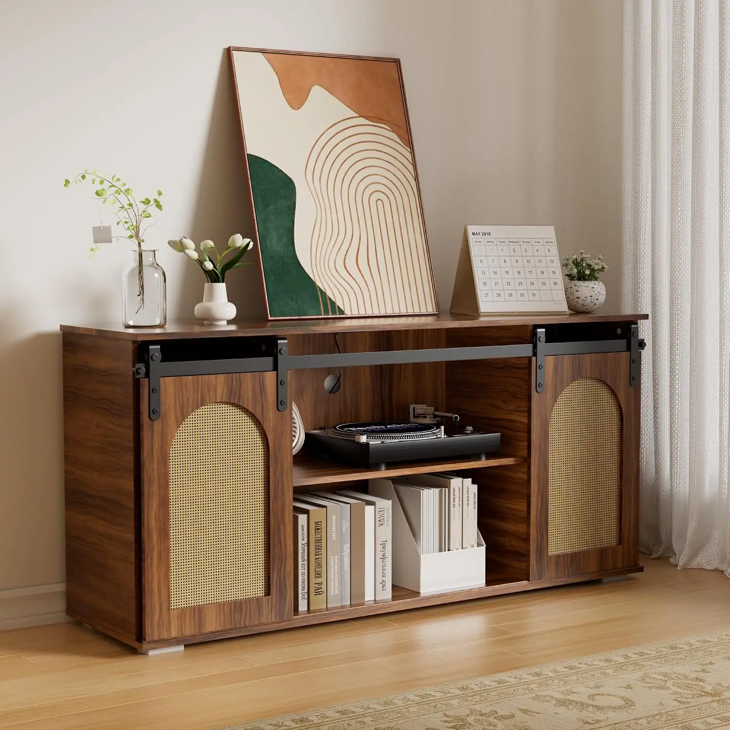 Rattan TV Stand Entertainment Center with Adjustable Shelf Sliding Doors for Living Room Bedroom 75