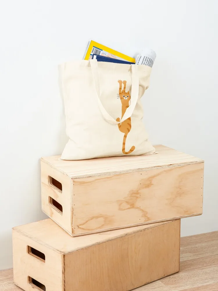 Orange Tabby Cat Hanging On Funny Striped Cat Tote Bag hand bag shopper bag women shopping tote men