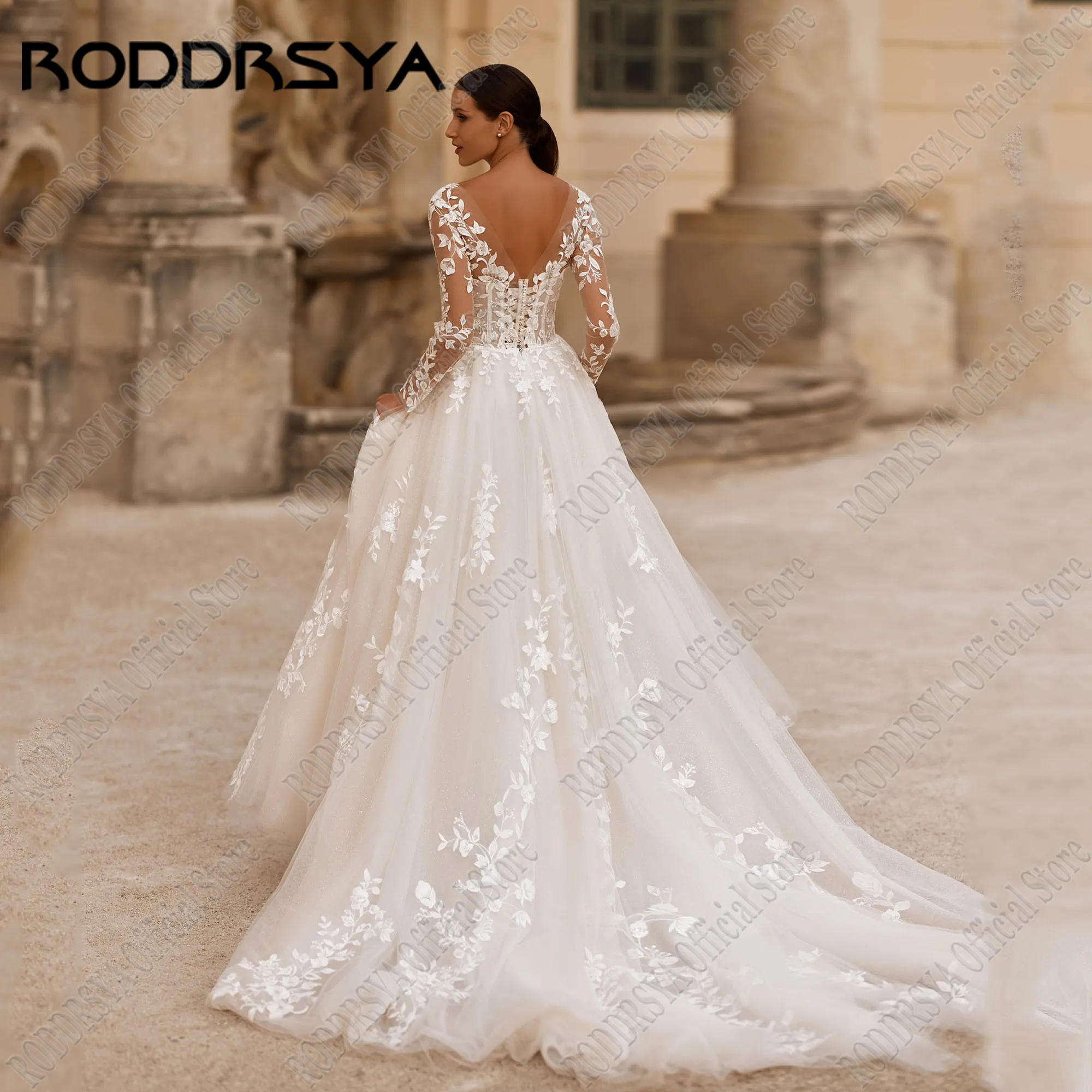 RODDRSYA Applique Lace Wedding Dress for Woman Bride Customized Long Sleeves Scoop Neck Illusion Back Boho vestidos de novia