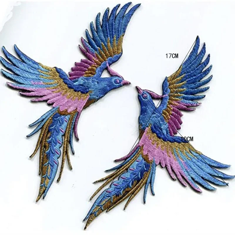 Phenix Birds Azure Blue Pink Gold Embroidered Appliques Iron-On Patches Pair